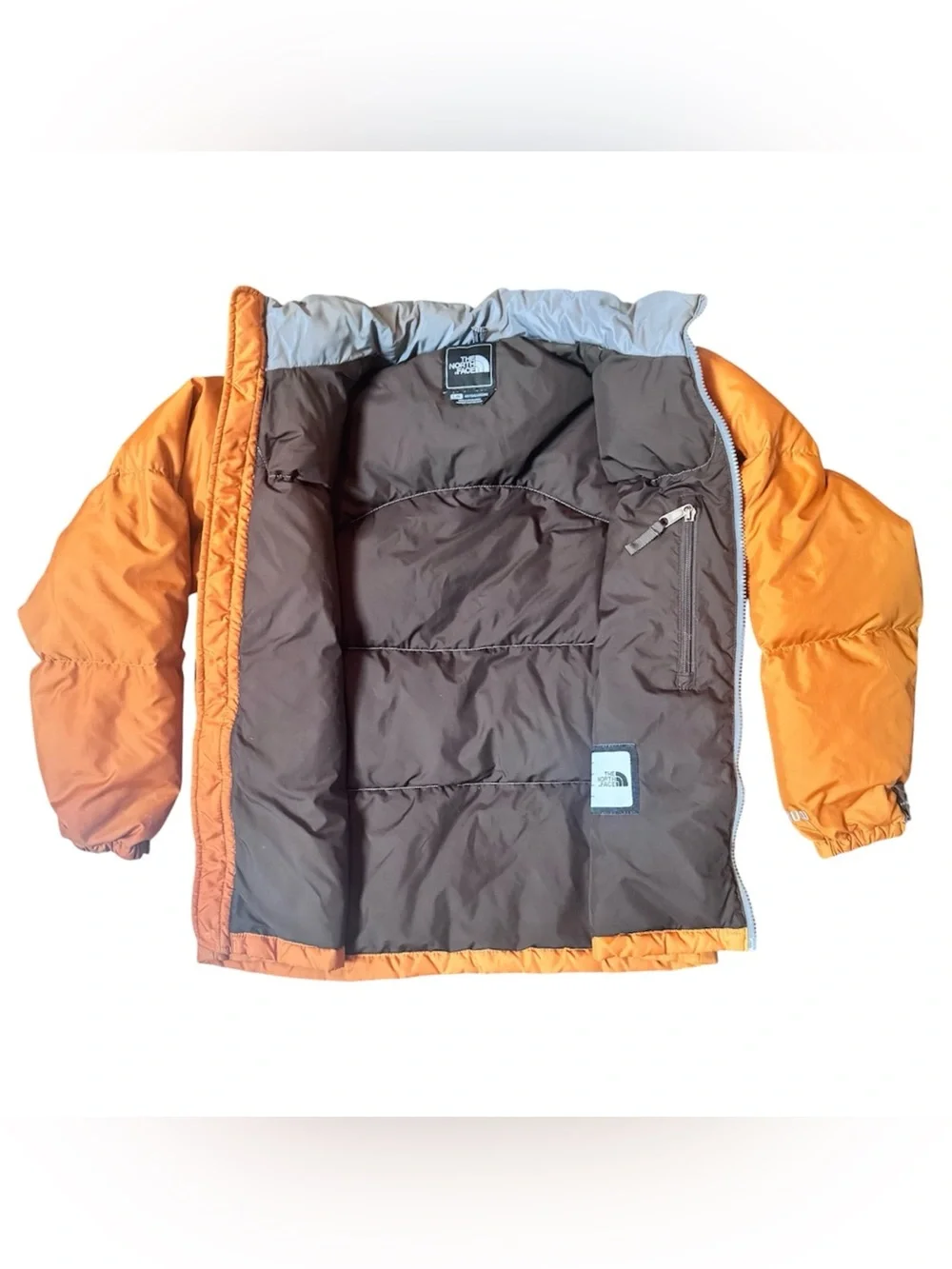 The North Face 600 boys youth puffer parka down zip orange gray jacket size L